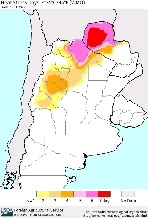 Southern South America Heat Stress Days >=35°C/95°F (WMO) Thematic Map For 11/7/2022 - 11/13/2022