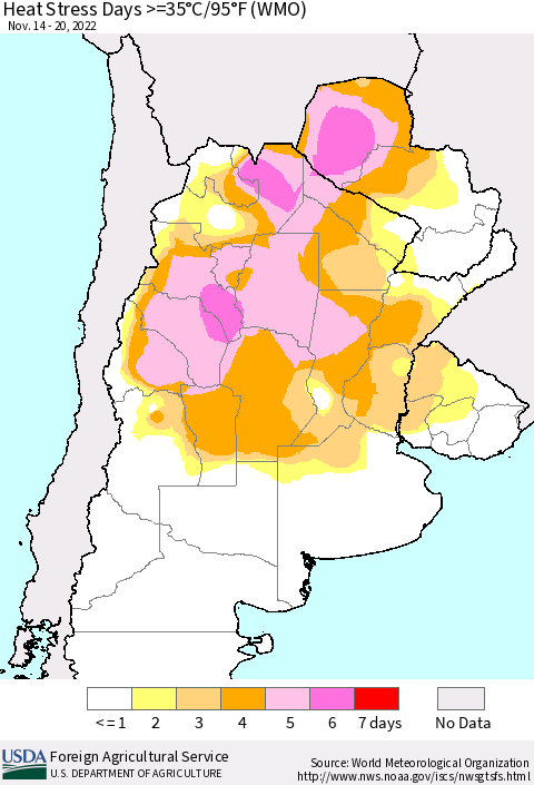 Southern South America Heat Stress Days >=35°C/95°F (WMO) Thematic Map For 11/14/2022 - 11/20/2022