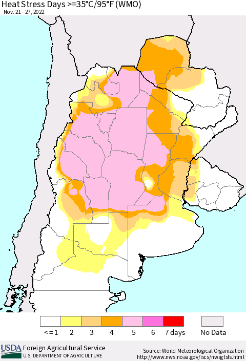 Southern South America Heat Stress Days >=35°C/95°F (WMO) Thematic Map For 11/21/2022 - 11/27/2022