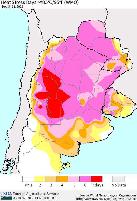 Southern South America Heat Stress Days >=35°C/95°F (WMO) Thematic Map For 12/5/2022 - 12/11/2022