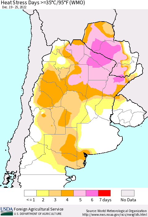 Southern South America Heat Stress Days >=35°C/95°F (WMO) Thematic Map For 12/19/2022 - 12/25/2022
