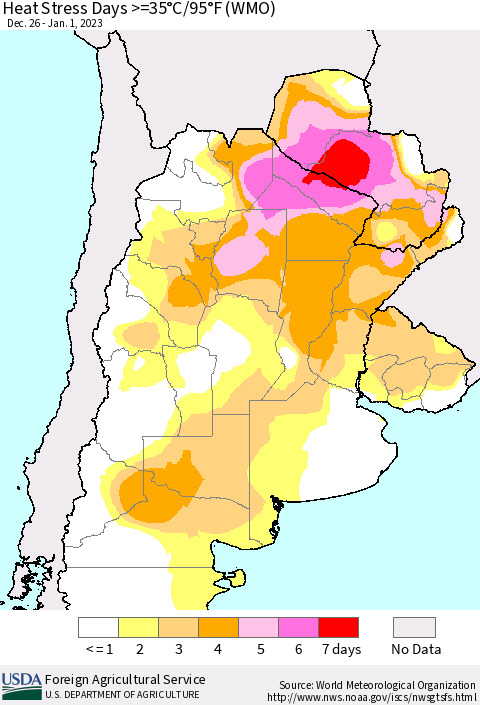 Southern South America Heat Stress Days >=35°C/95°F (WMO) Thematic Map For 12/26/2022 - 1/1/2023