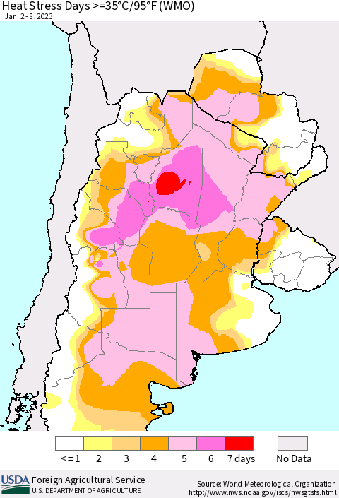 Southern South America Heat Stress Days >=35°C/95°F (WMO) Thematic Map For 1/2/2023 - 1/8/2023