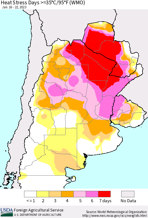 Southern South America Heat Stress Days >=35°C/95°F (WMO) Thematic Map For 1/16/2023 - 1/22/2023