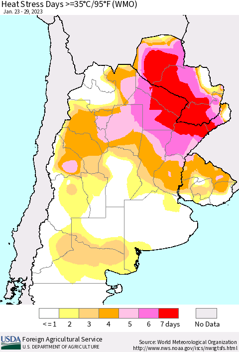 Southern South America Heat Stress Days >=35°C/95°F (WMO) Thematic Map For 1/23/2023 - 1/29/2023