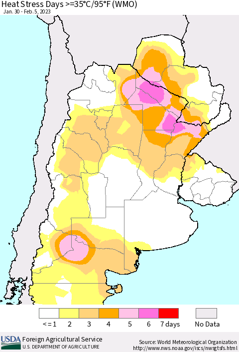 Southern South America Heat Stress Days >=35°C/95°F (WMO) Thematic Map For 1/30/2023 - 2/5/2023