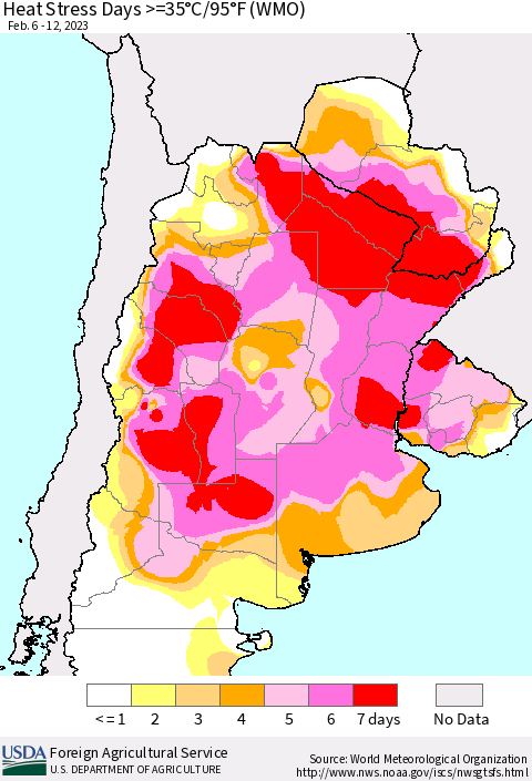 Southern South America Heat Stress Days >=35°C/95°F (WMO) Thematic Map For 2/6/2023 - 2/12/2023