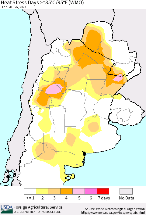 Southern South America Heat Stress Days >=35°C/95°F (WMO) Thematic Map For 2/20/2023 - 2/26/2023