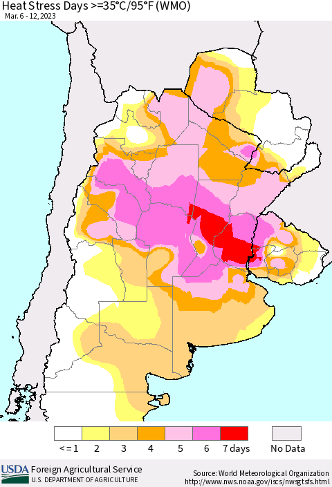 Southern South America Heat Stress Days >=35°C/95°F (WMO) Thematic Map For 3/6/2023 - 3/12/2023