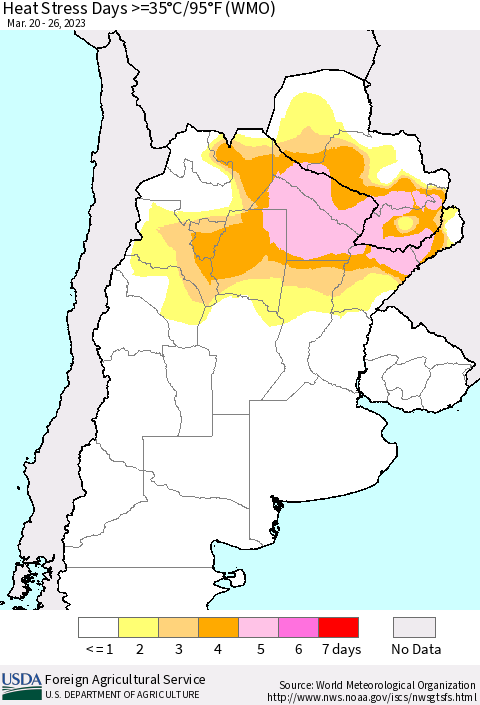Southern South America Heat Stress Days >=35°C/95°F (WMO) Thematic Map For 3/20/2023 - 3/26/2023