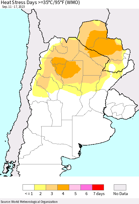 Southern South America Heat Stress Days >=35°C/95°F (WMO) Thematic Map For 9/11/2023 - 9/17/2023