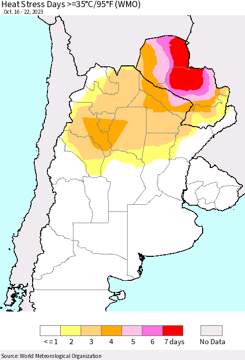 Southern South America Heat Stress Days >=35°C/95°F (WMO) Thematic Map For 10/16/2023 - 10/22/2023