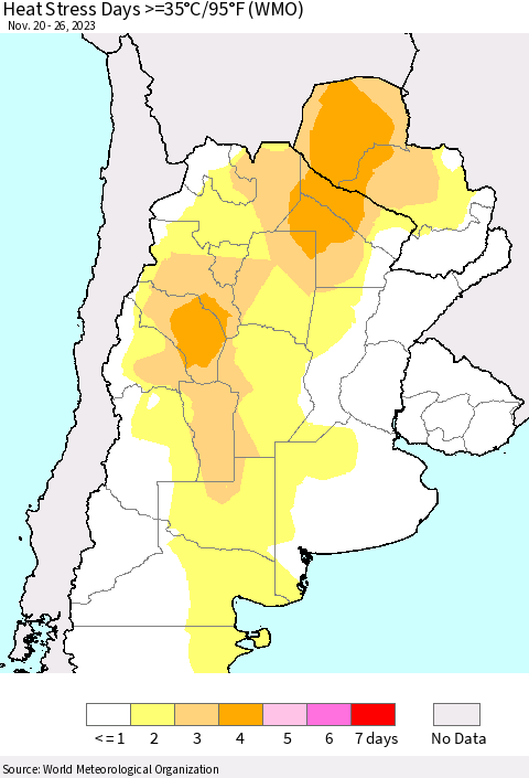 Southern South America Heat Stress Days >=35°C/95°F (WMO) Thematic Map For 11/20/2023 - 11/26/2023