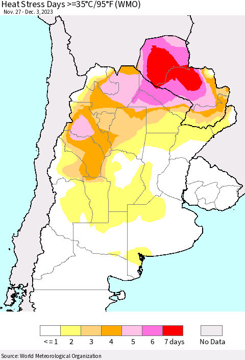 Southern South America Heat Stress Days >=35°C/95°F (WMO) Thematic Map For 11/27/2023 - 12/3/2023