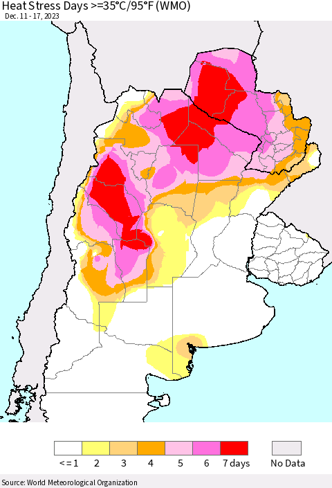 Southern South America Heat Stress Days >=35°C/95°F (WMO) Thematic Map For 12/11/2023 - 12/17/2023