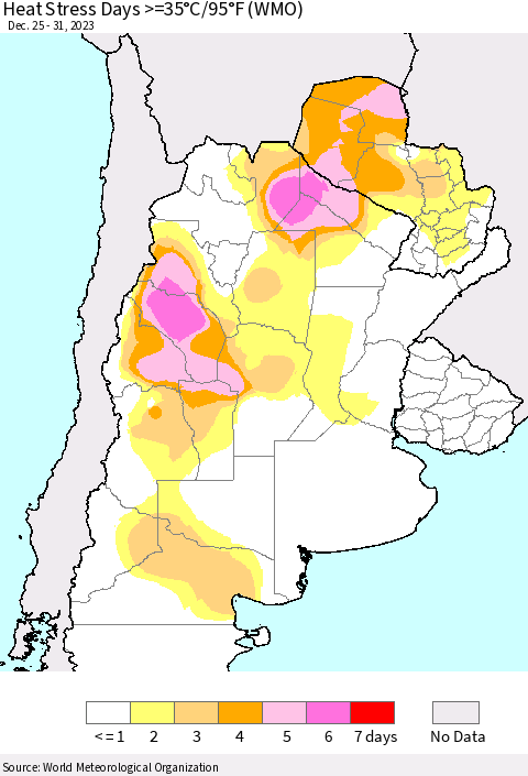 Southern South America Heat Stress Days >=35°C/95°F (WMO) Thematic Map For 12/25/2023 - 12/31/2023