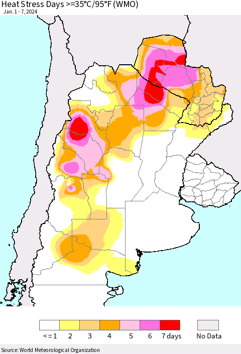 Southern South America Heat Stress Days >=35°C/95°F (WMO) Thematic Map For 1/1/2024 - 1/7/2024