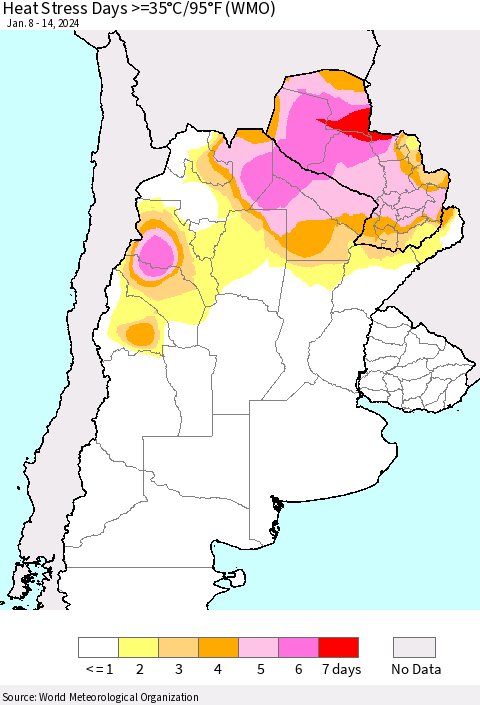 Southern South America Heat Stress Days >=35°C/95°F (WMO) Thematic Map For 1/8/2024 - 1/14/2024