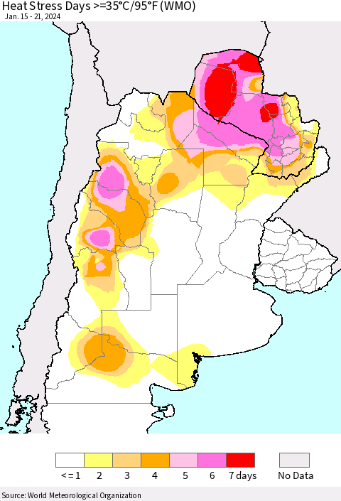 Southern South America Heat Stress Days >=35°C/95°F (WMO) Thematic Map For 1/15/2024 - 1/21/2024