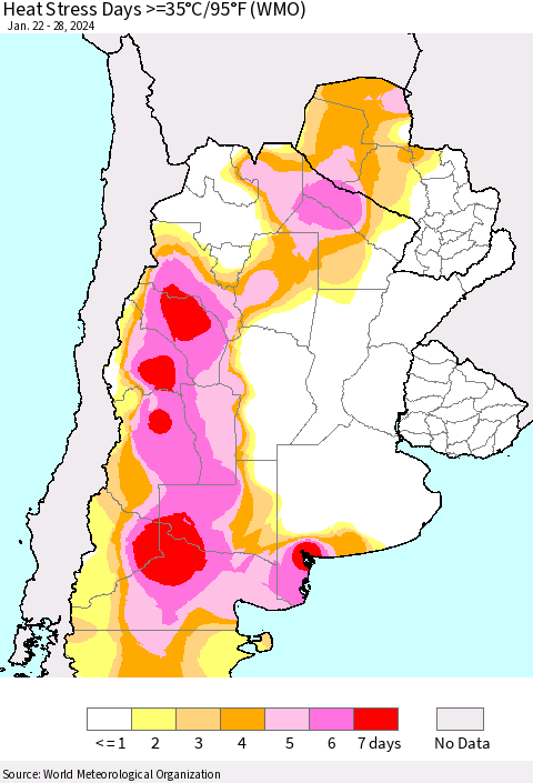 Southern South America Heat Stress Days >=35°C/95°F (WMO) Thematic Map For 1/22/2024 - 1/28/2024