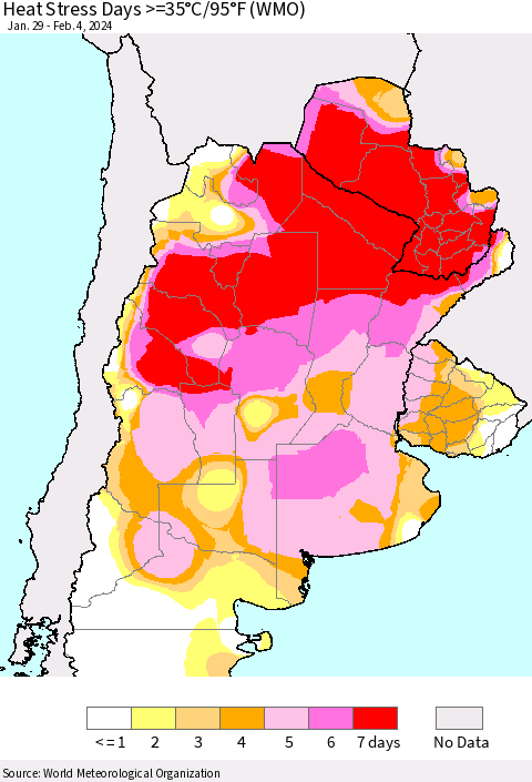 Southern South America Heat Stress Days >=35°C/95°F (WMO) Thematic Map For 1/29/2024 - 2/4/2024