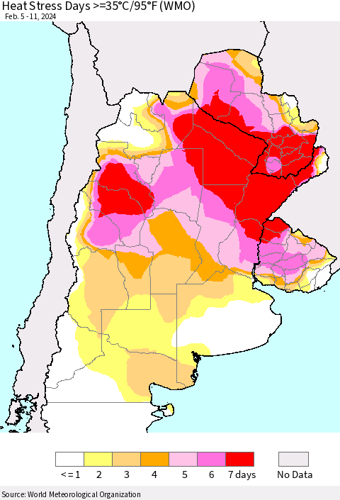 Southern South America Heat Stress Days >=35°C/95°F (WMO) Thematic Map For 2/5/2024 - 2/11/2024
