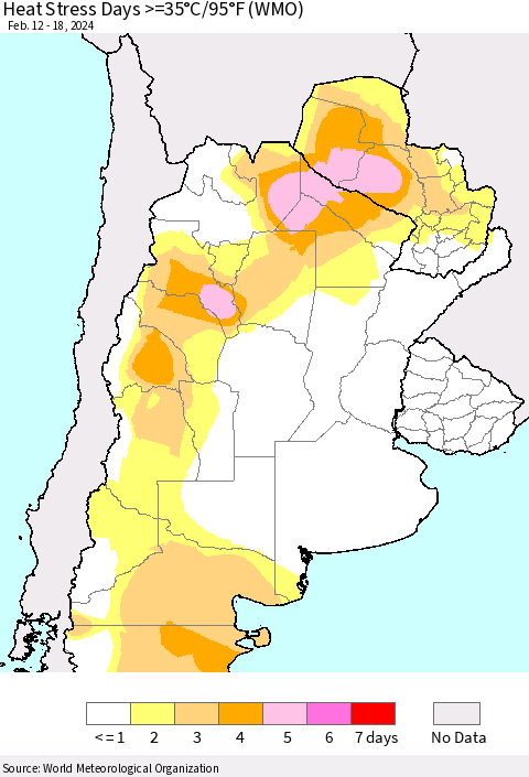 Southern South America Heat Stress Days >=35°C/95°F (WMO) Thematic Map For 2/12/2024 - 2/18/2024