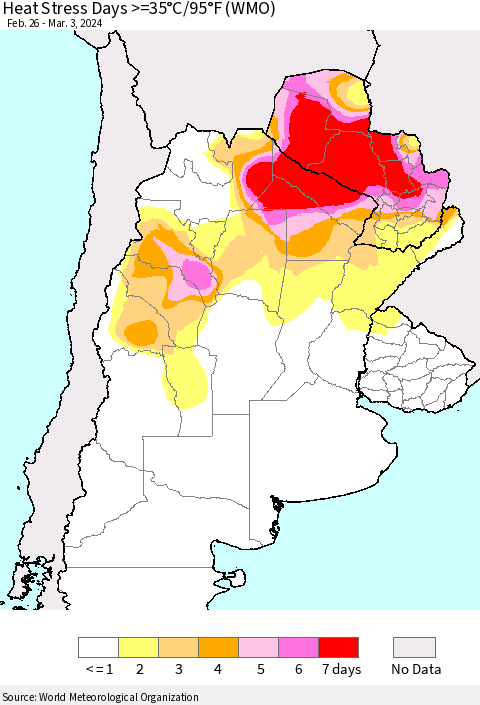 Southern South America Heat Stress Days >=35°C/95°F (WMO) Thematic Map For 2/26/2024 - 3/3/2024