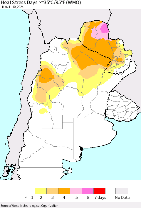 Southern South America Heat Stress Days >=35°C/95°F (WMO) Thematic Map For 3/4/2024 - 3/10/2024