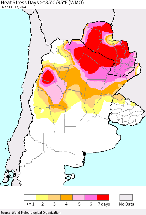 Southern South America Heat Stress Days >=35°C/95°F (WMO) Thematic Map For 3/11/2024 - 3/17/2024