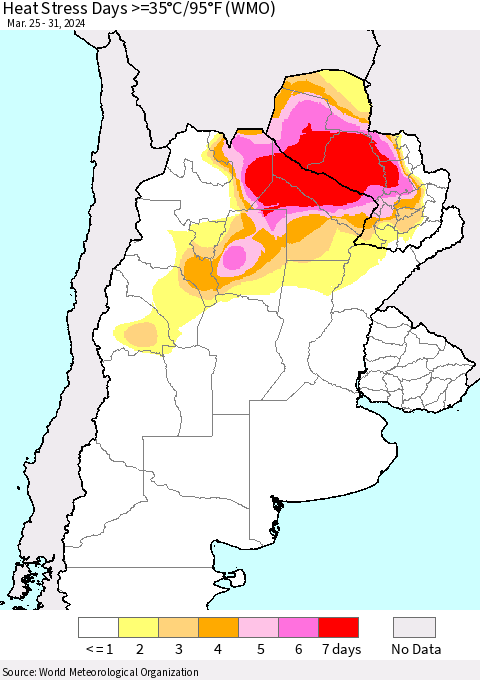 Southern South America Heat Stress Days >=35°C/95°F (WMO) Thematic Map For 3/25/2024 - 3/31/2024