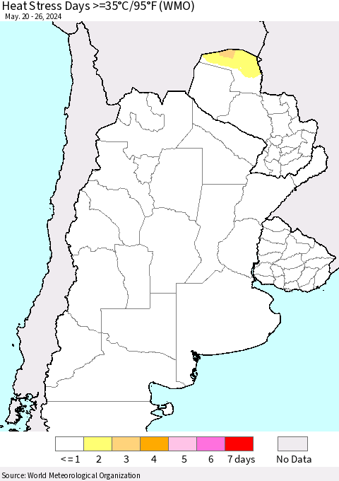 Southern South America Heat Stress Days >=35°C/95°F (WMO) Thematic Map For 5/20/2024 - 5/26/2024