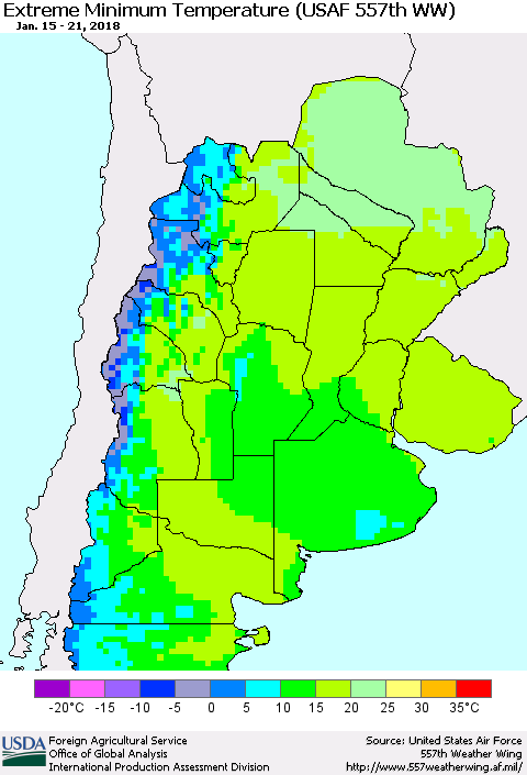 Southern South America Minimum Daily Temperature (USAF 557th WW) Thematic Map For 1/15/2018 - 1/21/2018