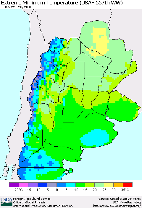 Southern South America Minimum Daily Temperature (USAF 557th WW) Thematic Map For 1/22/2018 - 1/28/2018