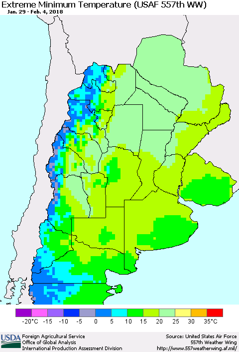 Southern South America Minimum Daily Temperature (USAF 557th WW) Thematic Map For 1/29/2018 - 2/4/2018