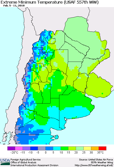 Southern South America Minimum Daily Temperature (USAF 557th WW) Thematic Map For 2/5/2018 - 2/11/2018