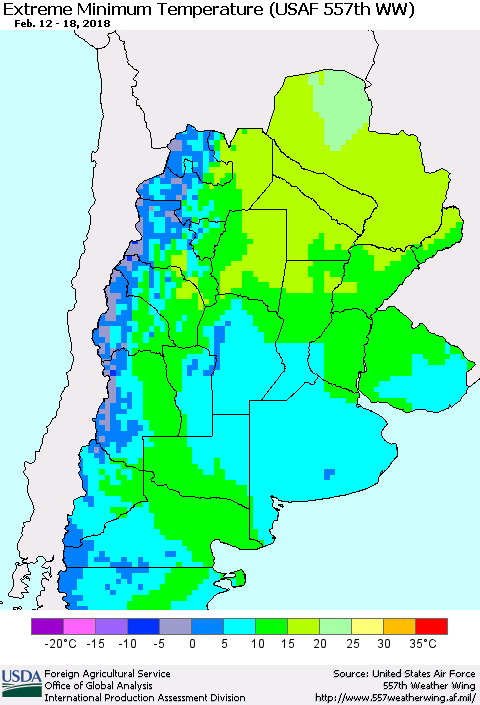 Southern South America Minimum Daily Temperature (USAF 557th WW) Thematic Map For 2/12/2018 - 2/18/2018