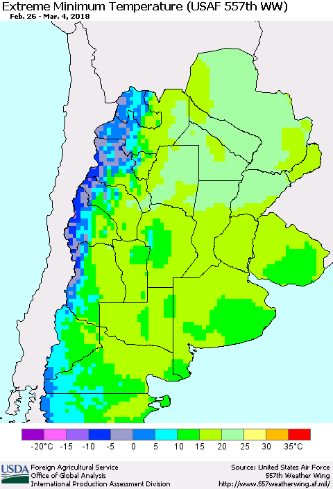 Southern South America Minimum Daily Temperature (USAF 557th WW) Thematic Map For 2/26/2018 - 3/4/2018
