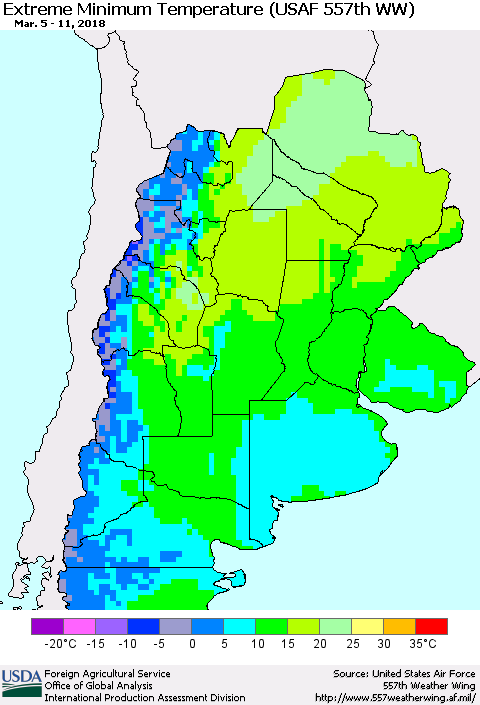 Southern South America Minimum Daily Temperature (USAF 557th WW) Thematic Map For 3/5/2018 - 3/11/2018