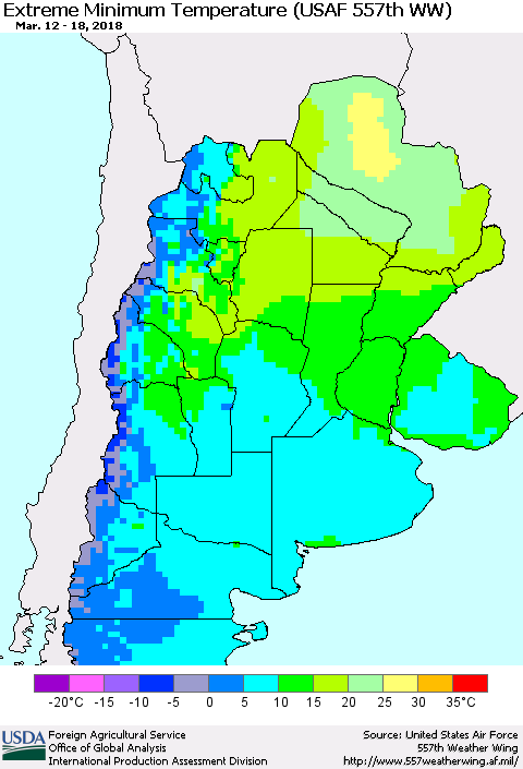Southern South America Minimum Daily Temperature (USAF 557th WW) Thematic Map For 3/12/2018 - 3/18/2018