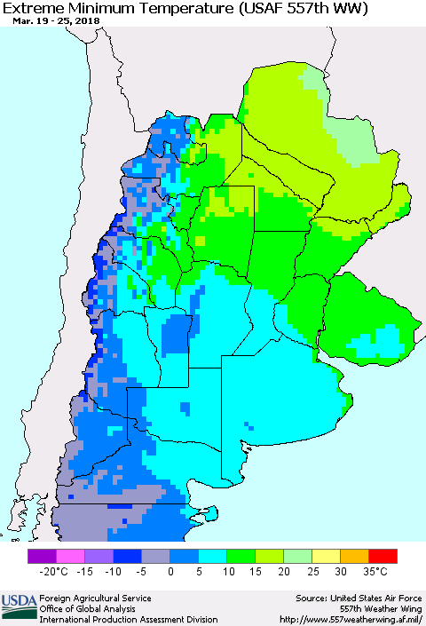 Southern South America Minimum Daily Temperature (USAF 557th WW) Thematic Map For 3/19/2018 - 3/25/2018