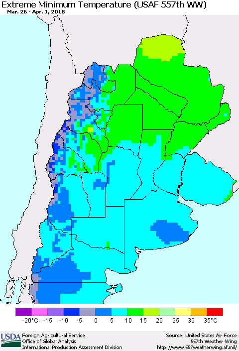 Southern South America Minimum Daily Temperature (USAF 557th WW) Thematic Map For 3/26/2018 - 4/1/2018