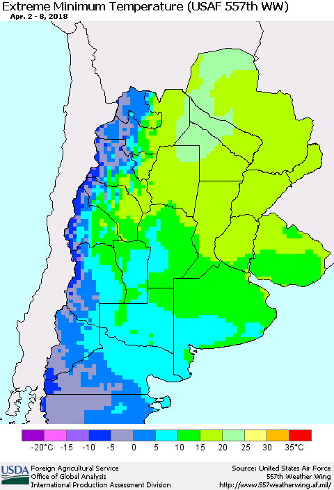 Southern South America Minimum Daily Temperature (USAF 557th WW) Thematic Map For 4/2/2018 - 4/8/2018