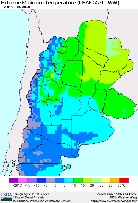 Southern South America Minimum Daily Temperature (USAF 557th WW) Thematic Map For 4/9/2018 - 4/15/2018