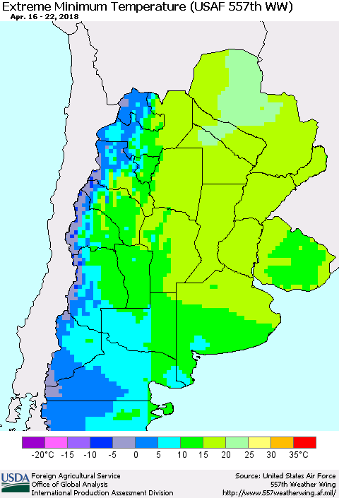 Southern South America Minimum Daily Temperature (USAF 557th WW) Thematic Map For 4/16/2018 - 4/22/2018