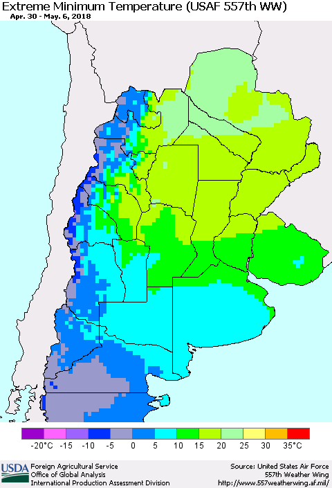 Southern South America Minimum Daily Temperature (USAF 557th WW) Thematic Map For 4/30/2018 - 5/6/2018