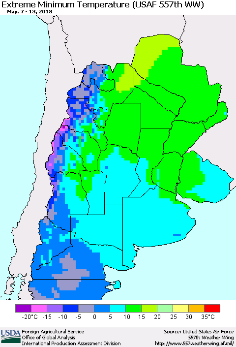 Southern South America Minimum Daily Temperature (USAF 557th WW) Thematic Map For 5/7/2018 - 5/13/2018