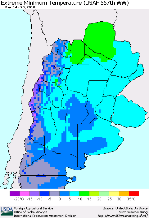 Southern South America Minimum Daily Temperature (USAF 557th WW) Thematic Map For 5/14/2018 - 5/20/2018