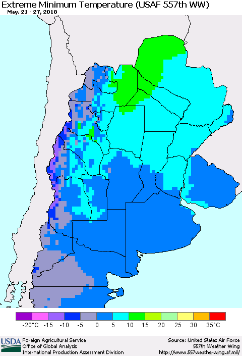Southern South America Minimum Daily Temperature (USAF 557th WW) Thematic Map For 5/21/2018 - 5/27/2018