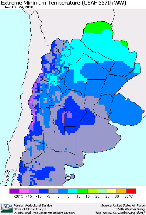 Southern South America Minimum Daily Temperature (USAF 557th WW) Thematic Map For 6/18/2018 - 6/24/2018